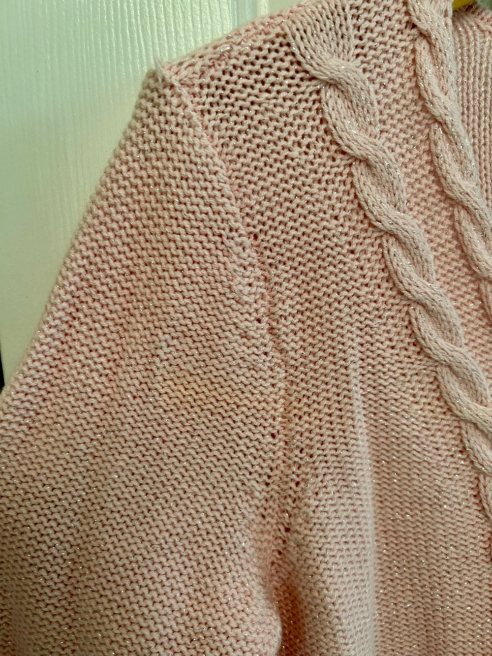Chaps Pink Cable Knit Sweater Silver Metallic Thread Size Large - Picture 6 of 9